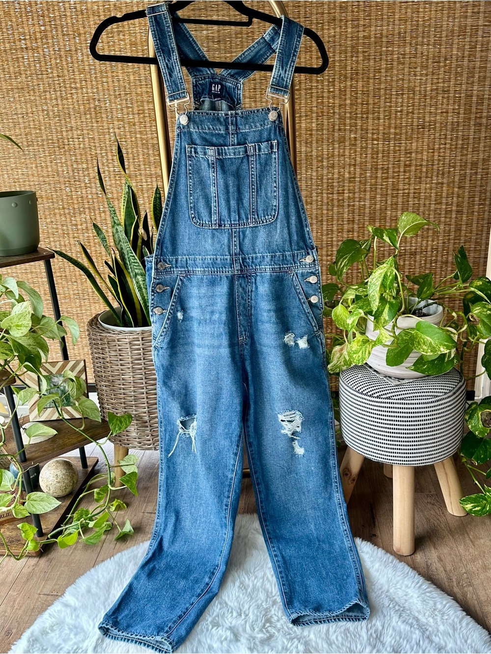 GAP Women's Mid-Blue Distressed Denim Overalls